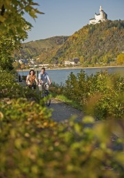 Zwei Personen bei einer Fahrradtour entlang des Rheins.